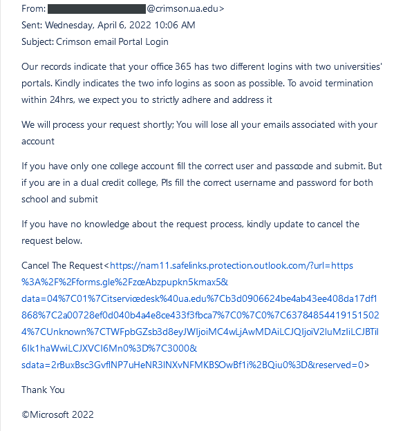 student phishing email posing as Microsoft