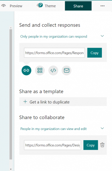 image depicts a screenshot from Microsoft Forms' share tab. Displayed is the Share to collaborate section.