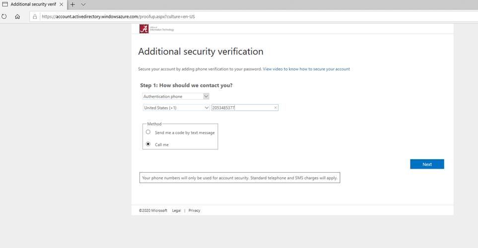 4. Select “Authentication Phone” and “United States” then enter your phone number.
