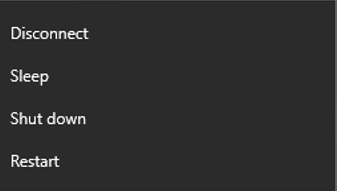 menu showing Disconnect Sleep Shut down Restart